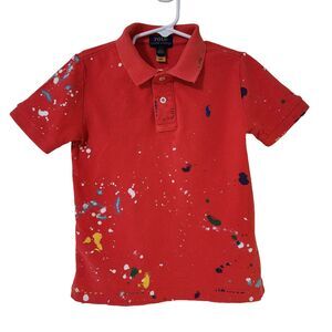 Authentic Polo Ralph Lauren Boys Paint Splatter Print Cotton Polo Shirt Red Sz 5